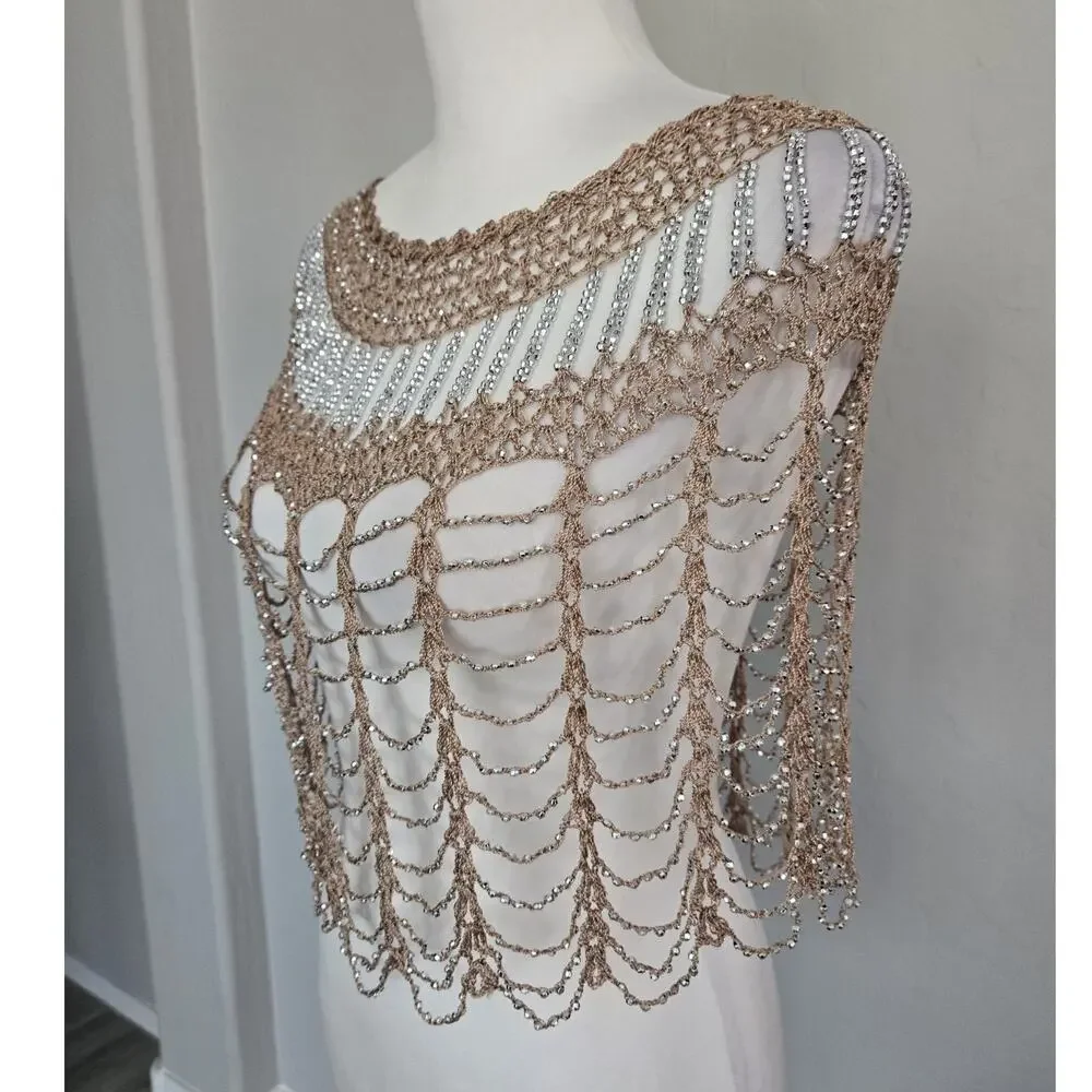 Beaded Crochet Flapper Gatsby Evening Capelet Cape Shawl Tan Silver One Size
